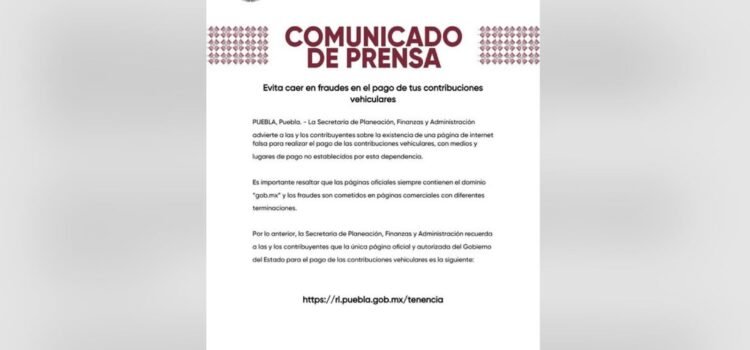 Alerta en Puebla por páginas falsas para el pago de tenencia vehicular