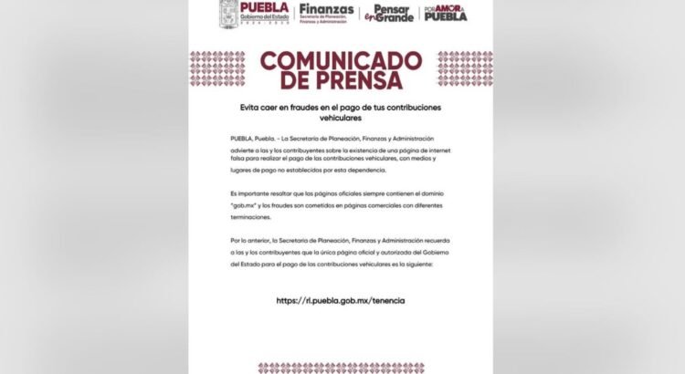 Alerta en Puebla por páginas falsas para el pago de tenencia vehicular
